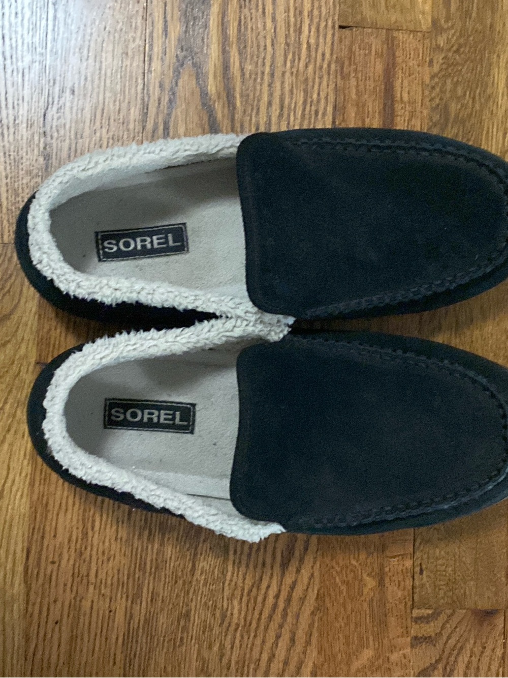 Sorel Men's Black Suede Slip-On Moccasins with Cream Fleece Lining
